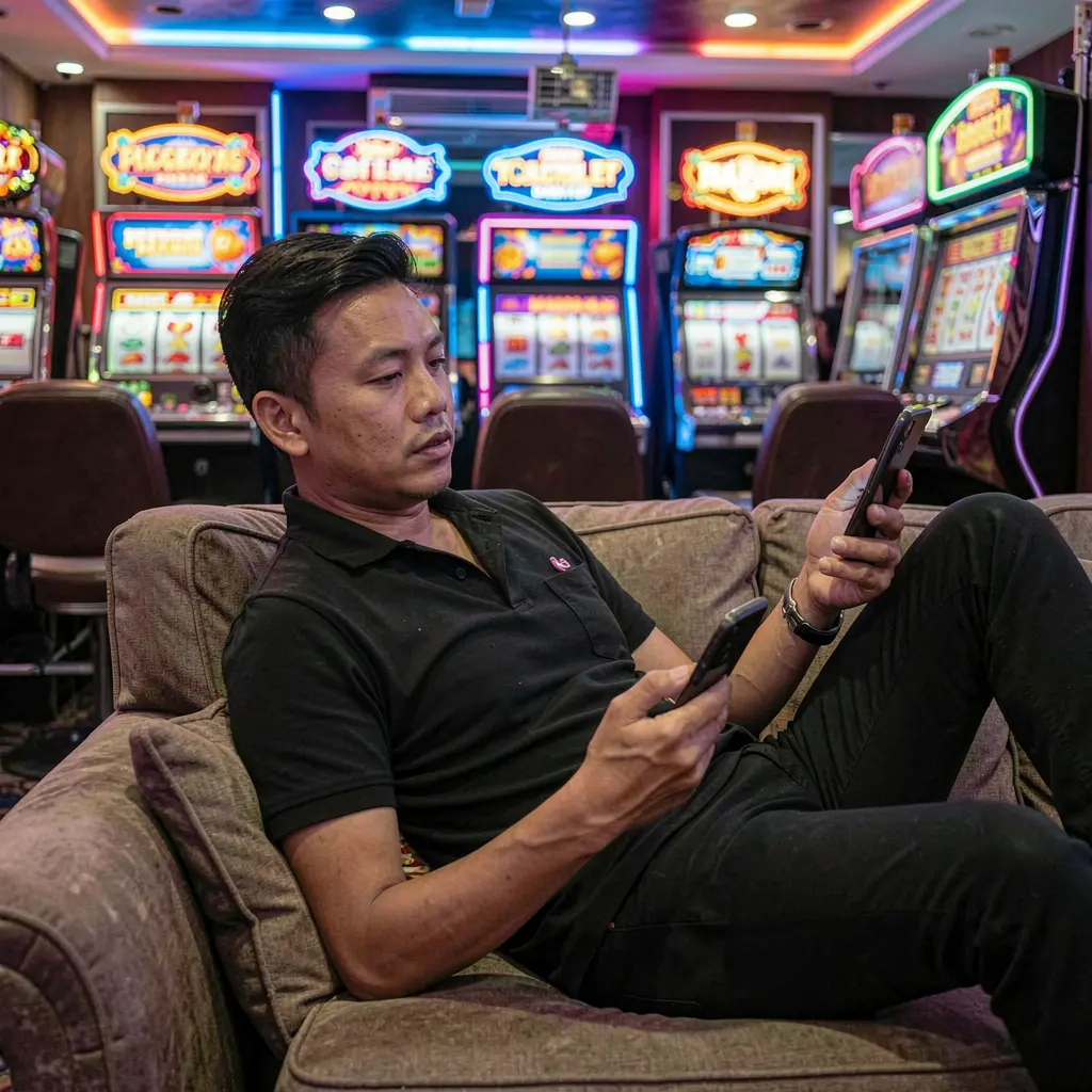 Stylish Filipino player using the 903PH mobile casino app with live slot machines glowing in the background