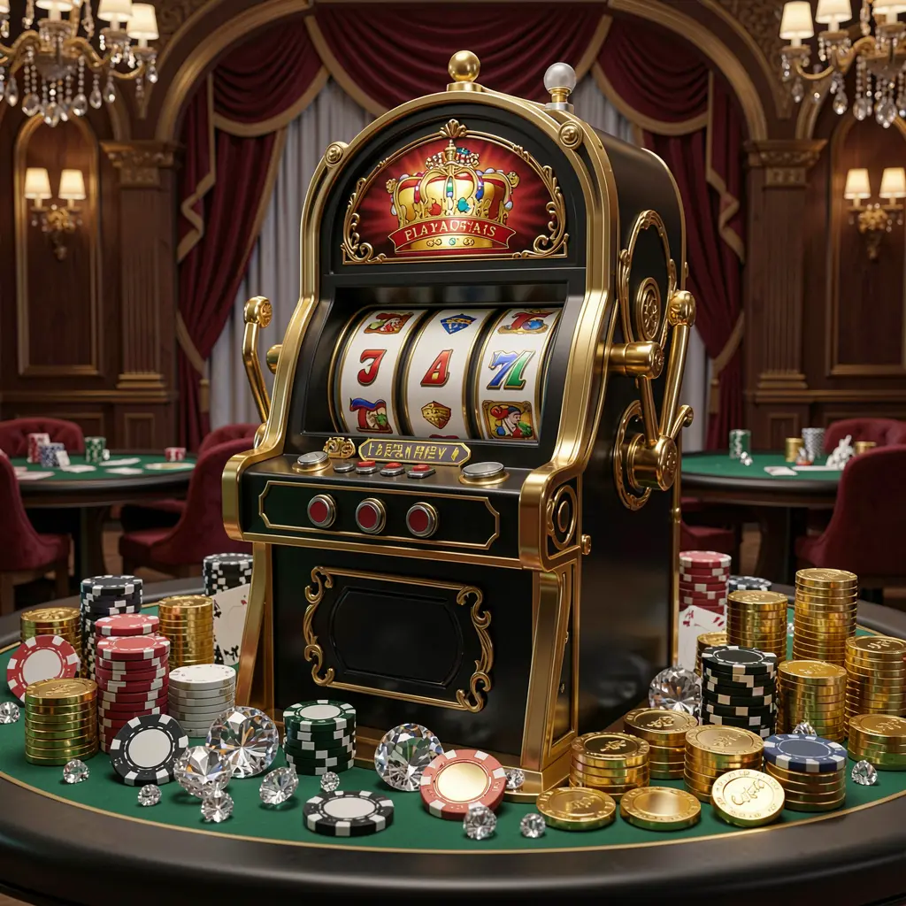 Close up view of a luxury slot machine with triple lucky sevens golden details and casino chips representing high quality online slot gaming at 903PH in the Philippines